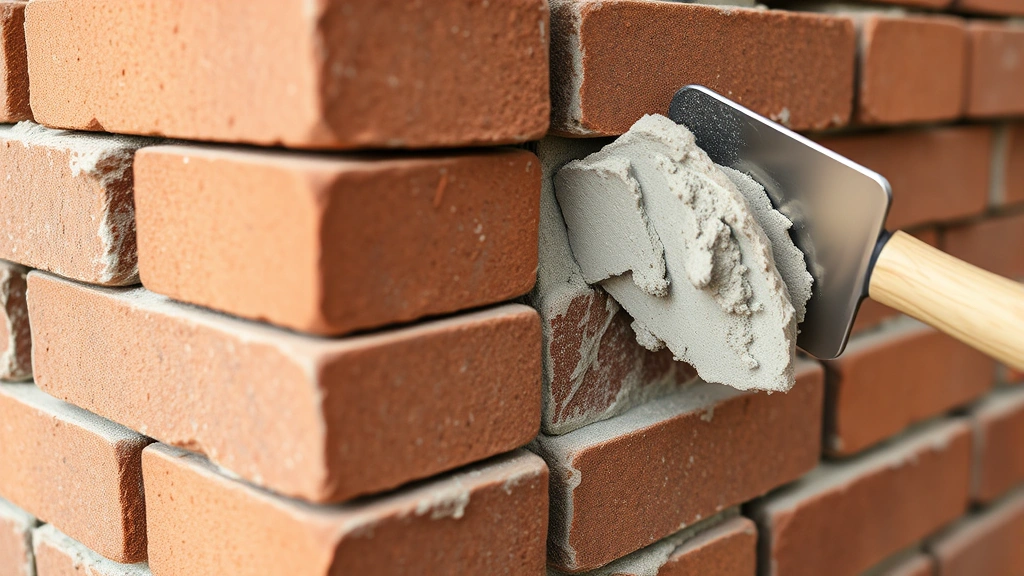 Close-up of stacked fire bricks with high-temperature mortar joints being applied by a trowel, showing texture and heat-resistant material detail