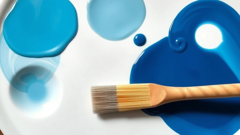 Close-up overhead view of a white ceramic palette with three distinct blue paint puddles ranging from light sky blue to deep navy, with a stiff mixing brush blending colors together, natural studio lighting