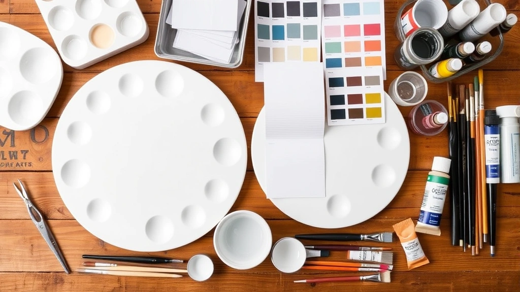 Organized collection of paint supplies including white ceramic palettes, various brush sizes, color sample cards, small measuring spoons, water containers, and paint tubes arranged neatly on a wooden work surface