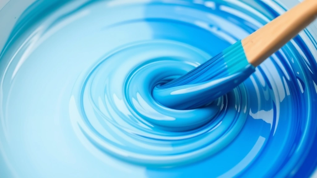 Close-up of paint being mixed in a white container showing various shades of blue from light to dark, with a brush mid-stir creating ripples