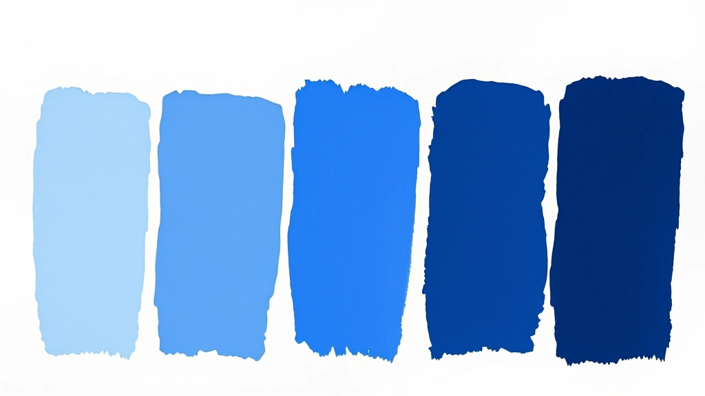 Side-by-side comparison of five different blue paint swatches on white paper showing progression from light tint to deep navy, with soft natural daylight illuminating the variations
