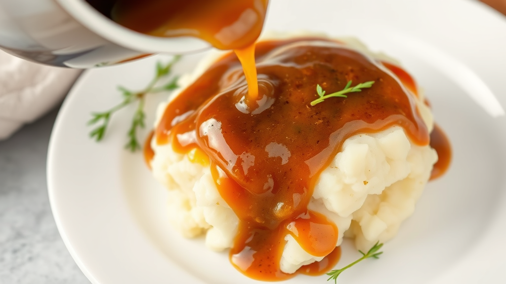 Rich brown gravy being poured over mashed potatoes on white plate with herbs garnish no text no words no letters