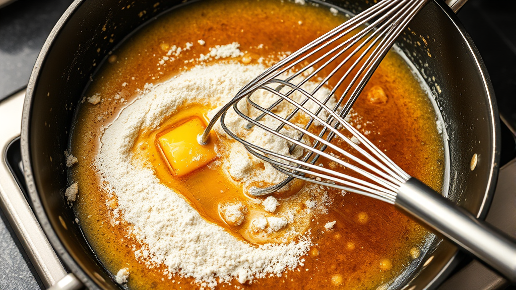 Whisk stirring golden brown roux in heavy skillet with flour and butter cooking process no text no words no letters