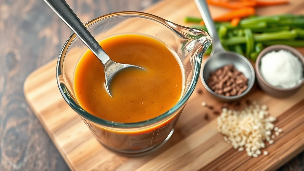 Smooth brown gravy in glass measuring cup with ladle and ingredients on wooden cutting board no text no words no letters