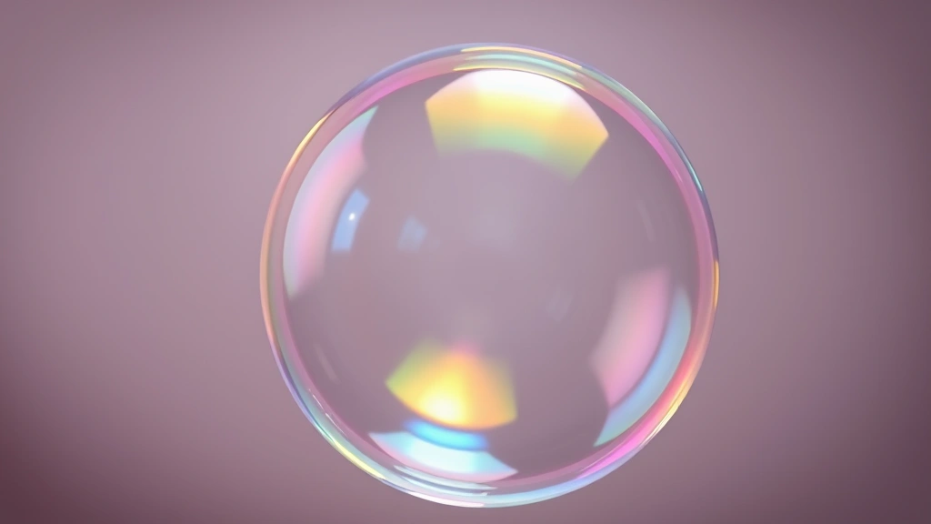 Close-up of shimmering soap bubble with rainbow light reflections floating against soft blurred background, photorealistic detail of bubble film surface