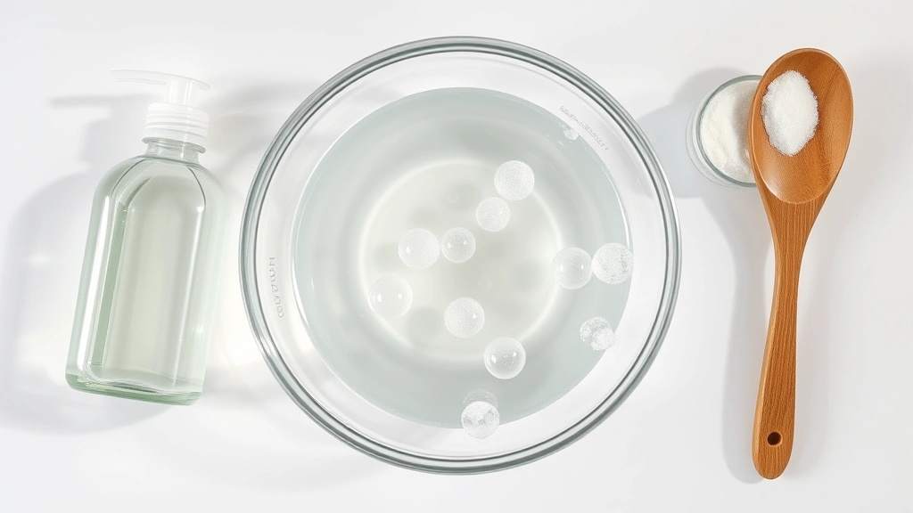 Overhead view of glass bowl with clear bubble solution, dish soap bottle, sugar container, and wooden spoon arranged neatly on white surface with soft natural lighting