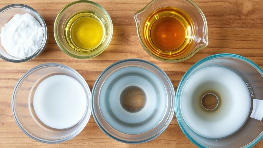 Overhead view of clear glass bowls containing bubble solution mixtures with various ingredients like dish soap, corn syrup, and water arranged around them on wooden surface
