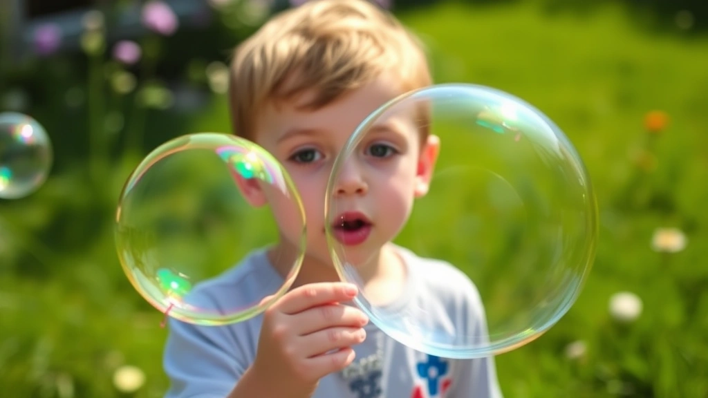 Child blowing large iridescent bubbles outdoors in sunny garden with green grass and flowers visible in soft focus background, bubbles catching light