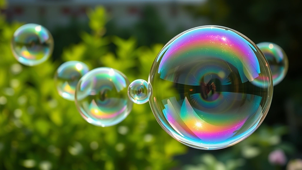 Multiple giant iridescent bubbles floating through outdoor garden setting with green blurred foliage and natural daylight creating rainbow effects on bubble surfaces