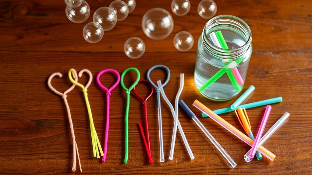 Assorted homemade bubble wands made from wire loops, pipe cleaners, and plastic straws arranged on wooden table next to jar of bubble solution with bubbles floating above