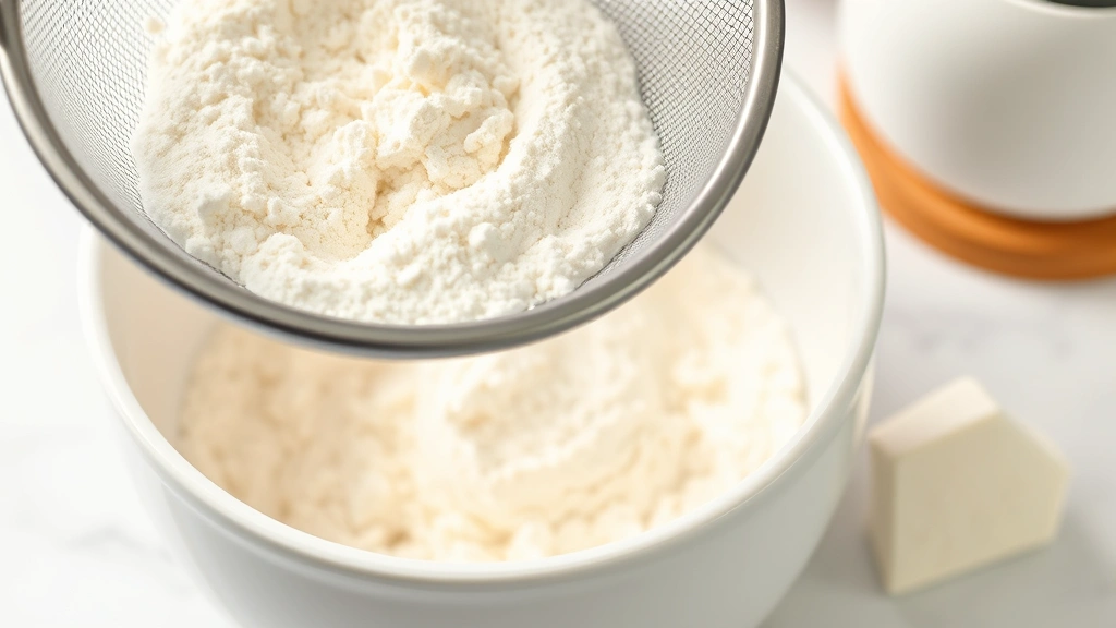Close-up of fine white cake flour being sifted through a mesh sieve into a white ceramic bowl, with cornstarch visible nearby on a clean kitchen counter