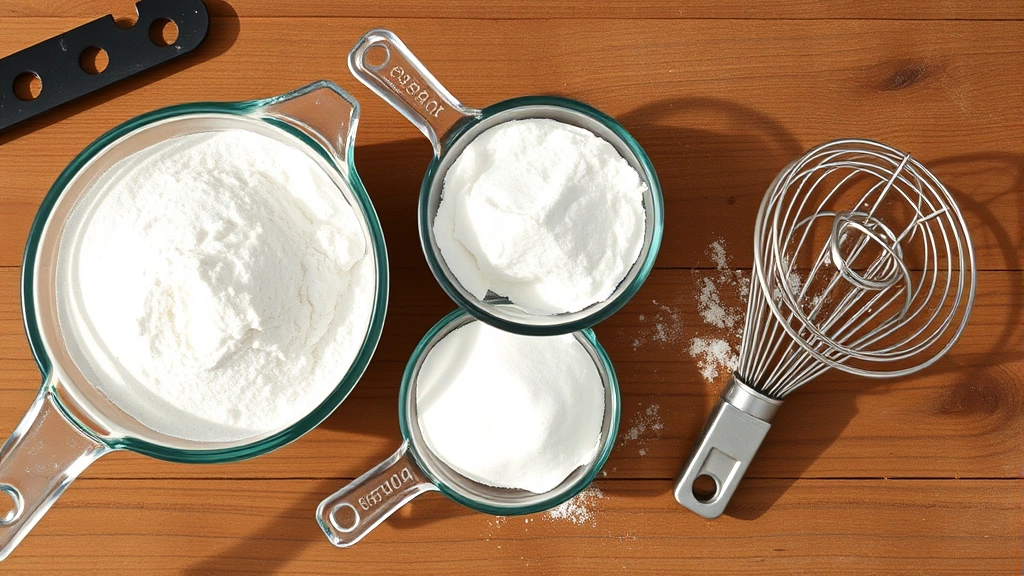 Overhead view of measuring cups with all-purpose flour, cornstarch, and a whisk arranged on a wooden surface with natural morning light