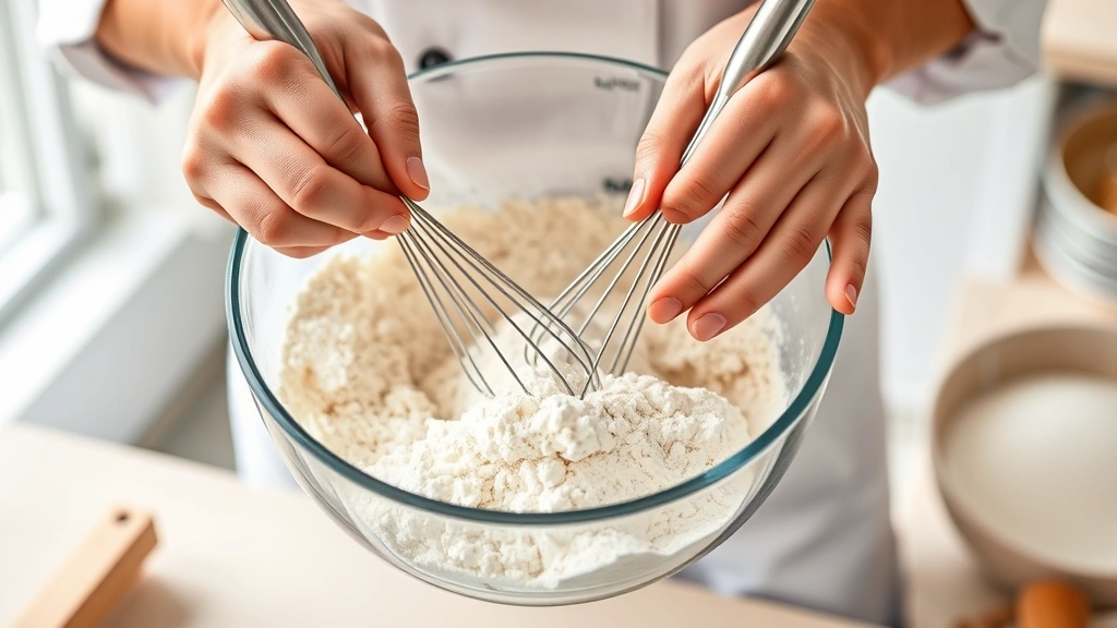 Professional baker's hands combining flour and cornstarch in a mixing bowl with a whisk, showing the blending process in a bright kitchen setting