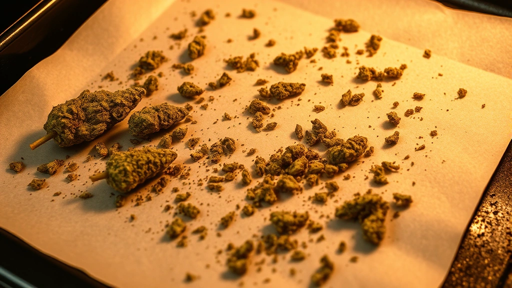 Close-up of decarboxylated cannabis on parchment paper in an oven, golden-brown color, clearly visible plant material without text