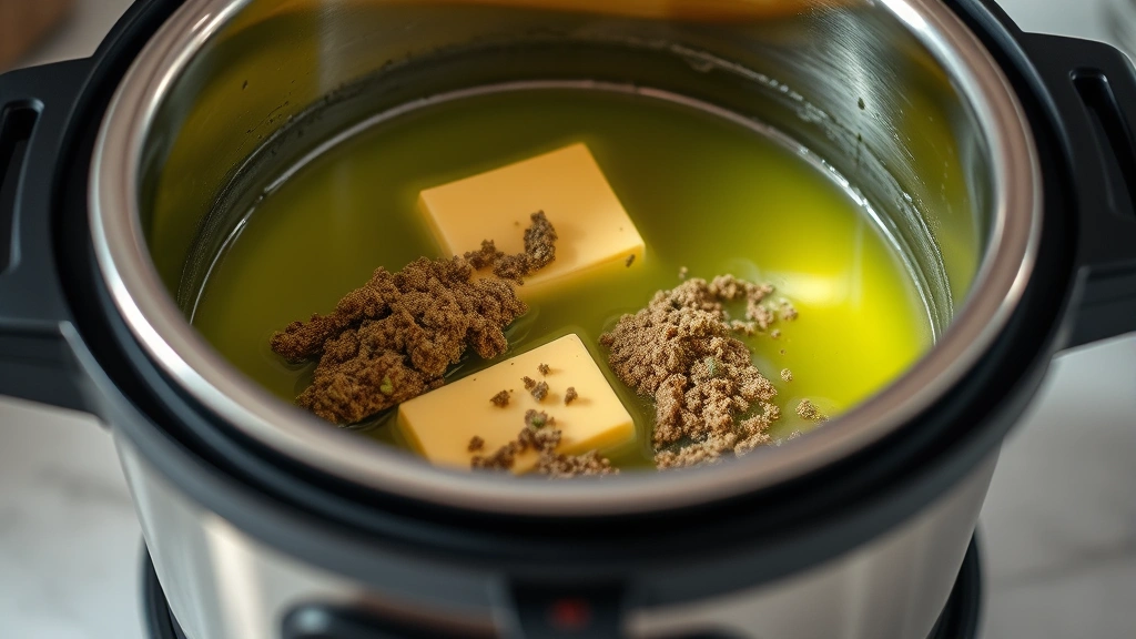 Slow cooker containing melted butter and ground cannabis mixture, showing the infusion process with vibrant green-tinted liquid, minimalist kitchen background