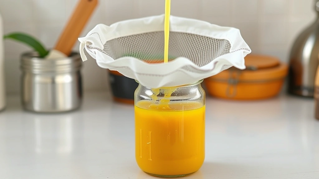 Straining cannabutter through cheesecloth into a glass jar, showing the golden liquid pouring through fine mesh, clean kitchen countertop setting