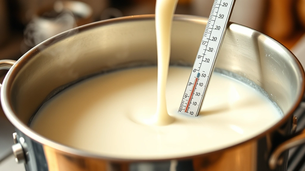 Close-up of fresh milk being poured into a large stainless steel pot with a thermometer probe inserted, steam rising gently, warm kitchen lighting
