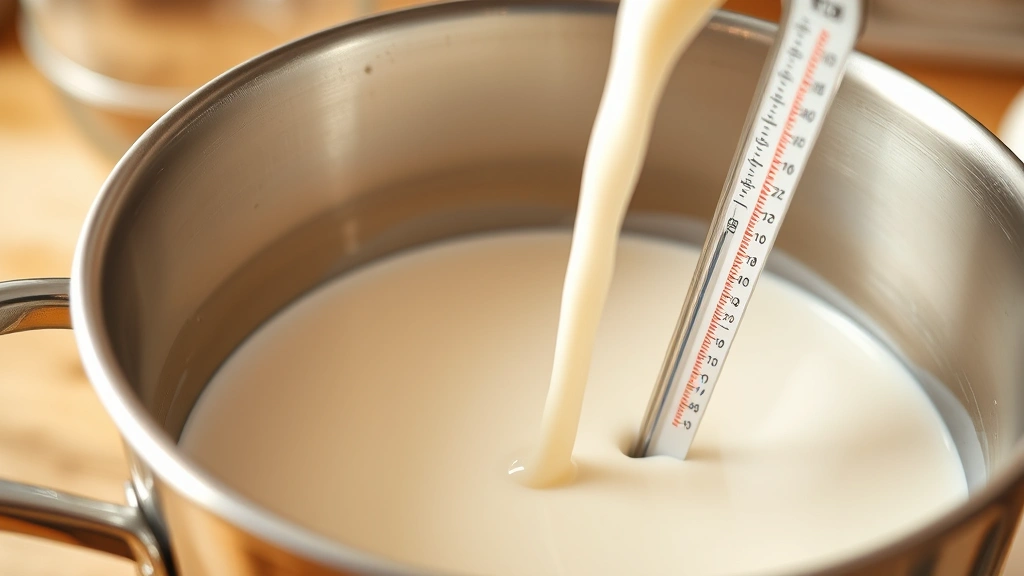Close-up of fresh milk being poured into a stainless steel pot with a thermometer showing temperature reading, warm kitchen lighting