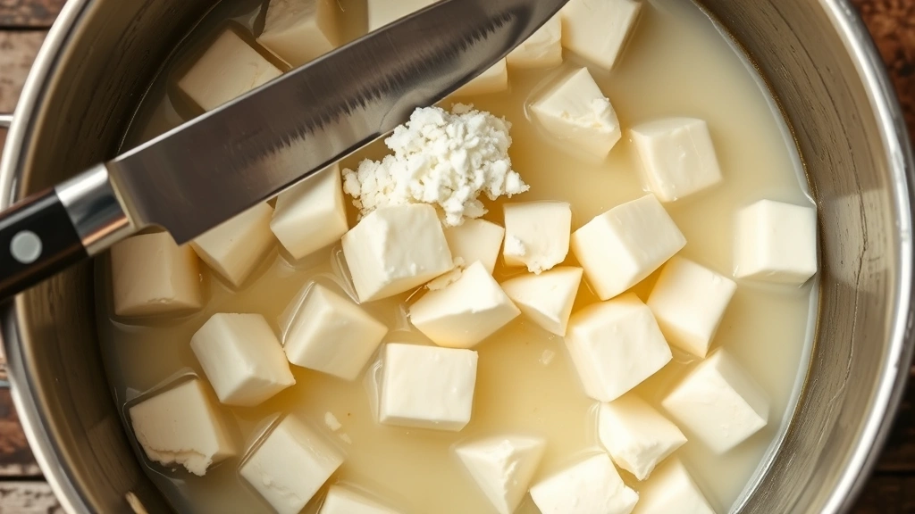 Overhead view of a knife cutting cottage cheese curds in a large pot, white liquid (whey) visible between small curd pieces, natural daylight