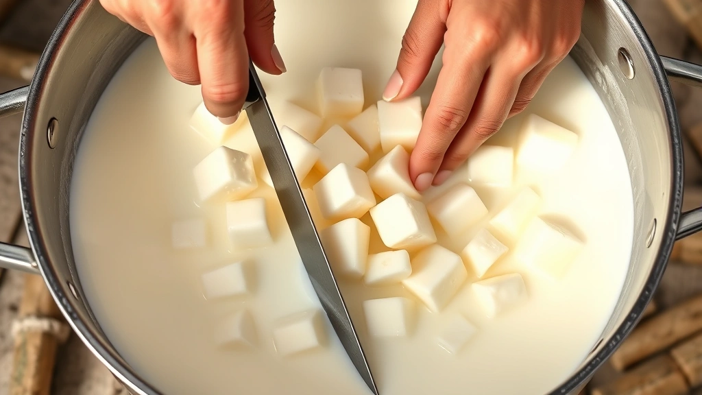 Hands cutting white curds in milk using a long knife in a large pot, creating cube-shaped pieces, natural daylight