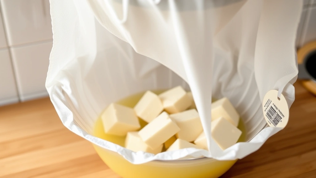 Cheesecloth draped over a colander with freshly drained cottage cheese curds visible, whey dripping below, minimalist kitchen setup with soft lighting
