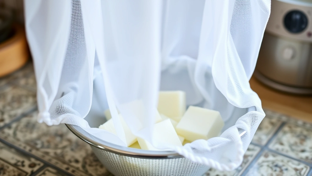 Cheesecloth hanging over a colander with curds draining, showing the separation of curds and clear whey, bright kitchen counter