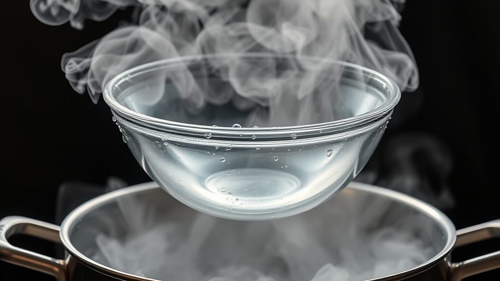 Steam rising from pot with glass bowl floating inside, condensation droplets forming on inverted lid, no text no words no letters