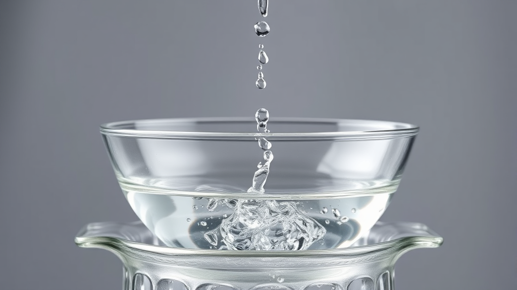 Clear glass collection bowl catching water droplets from curved lid above boiling pot setup, no text no words no letters