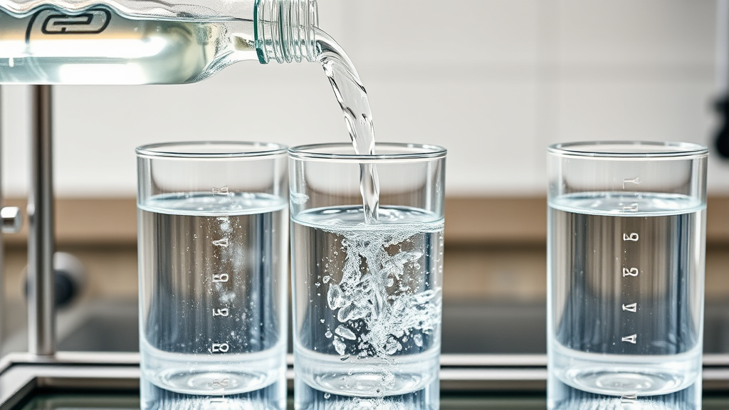 Pure clear water being poured into glass storage containers from distillation setup, no text no words no letters