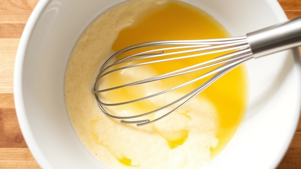 Close-up overhead shot of whisking egg wash in a white ceramic bowl with a stainless steel whisk, golden liquid mixture visible, natural kitchen lighting