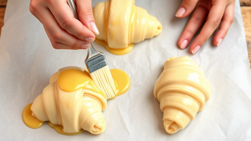 Hands holding a soft pastry brush applying glossy egg wash to unbaked croissants on parchment paper, three croissants visible with varying sheen levels