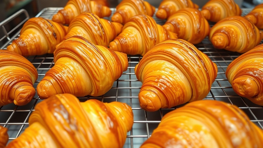 Freshly baked golden-brown pastries cooling on a wire rack, croissants and Danish pastries with beautiful caramelized finish, warm bakery lighting