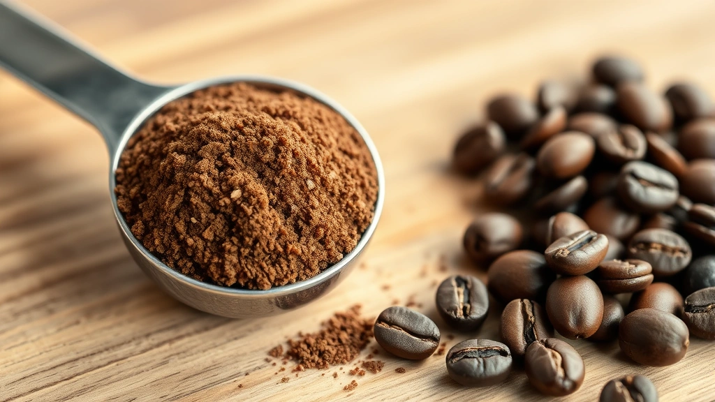 Close-up of coarse ground coffee in a metal measuring spoon next to whole coffee beans on a wooden surface with soft morning light