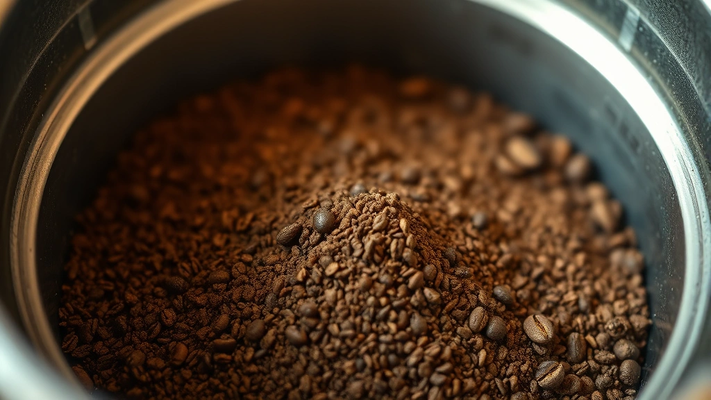 Close-up of coarse coffee grounds in a metal burr grinder, showing uniform particle size texture, warm kitchen lighting, shallow depth of field
