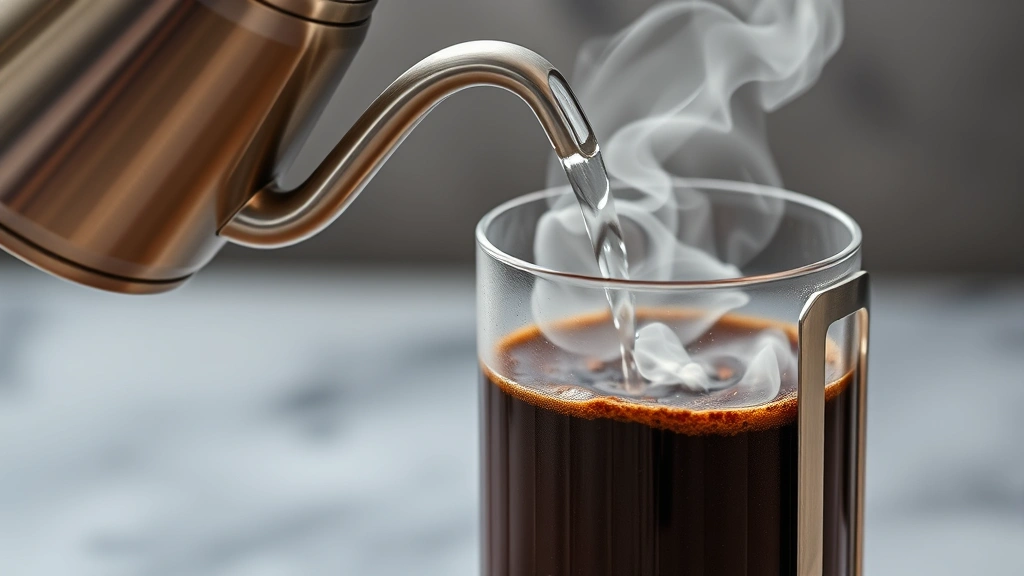 Pouring hot water from a gooseneck kettle into a French press filled with ground coffee, showing the bloom effect with steam rising