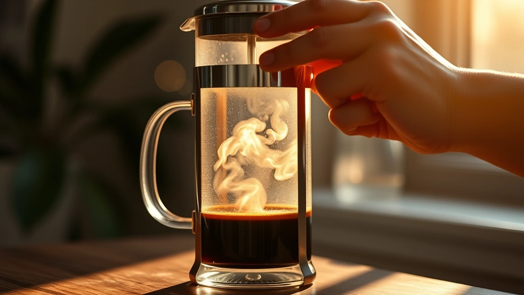 Hands slowly pressing down the plunger of a glass French press filled with dark coffee, steam rising, morning light through window, warm tones