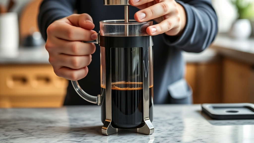 Hands gently pressing down the plunger of a French press with a full glass carafe of brewed dark coffee on a kitchen counter