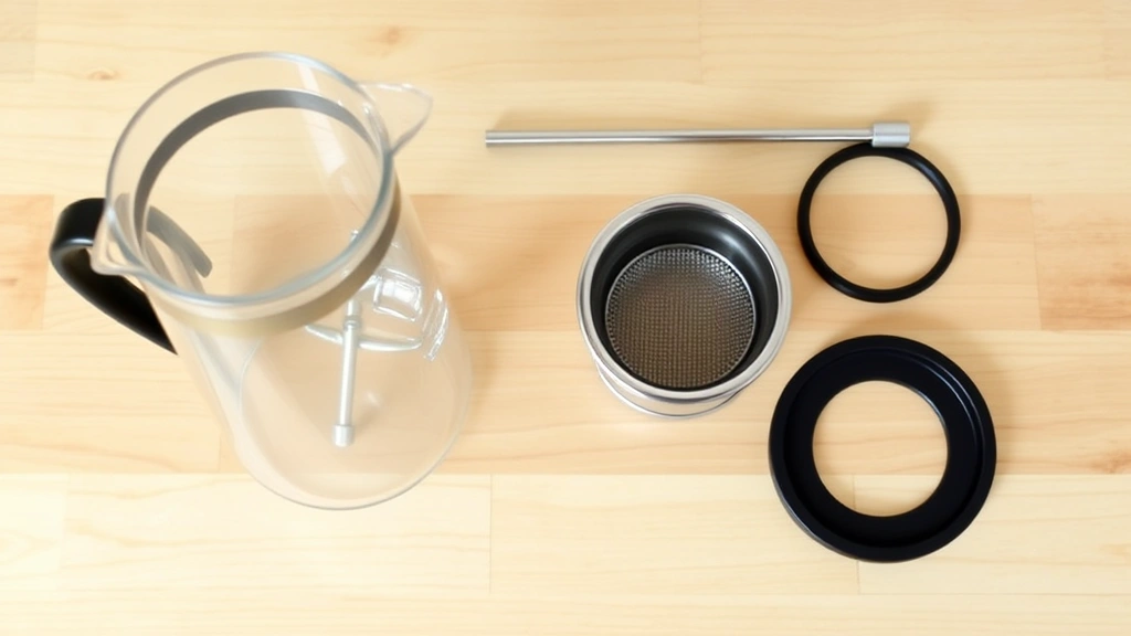 Disassembled French press components laid out on a clean wooden surface: glass carafe, metal mesh filter, plunger rod, and rubber gasket, organized arrangement