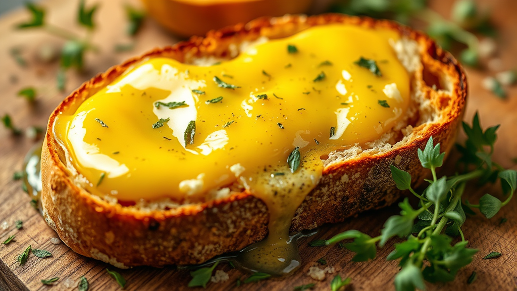 Golden garlic butter melting on warm crusty bread with fresh herbs scattered around, no text no words no letters
