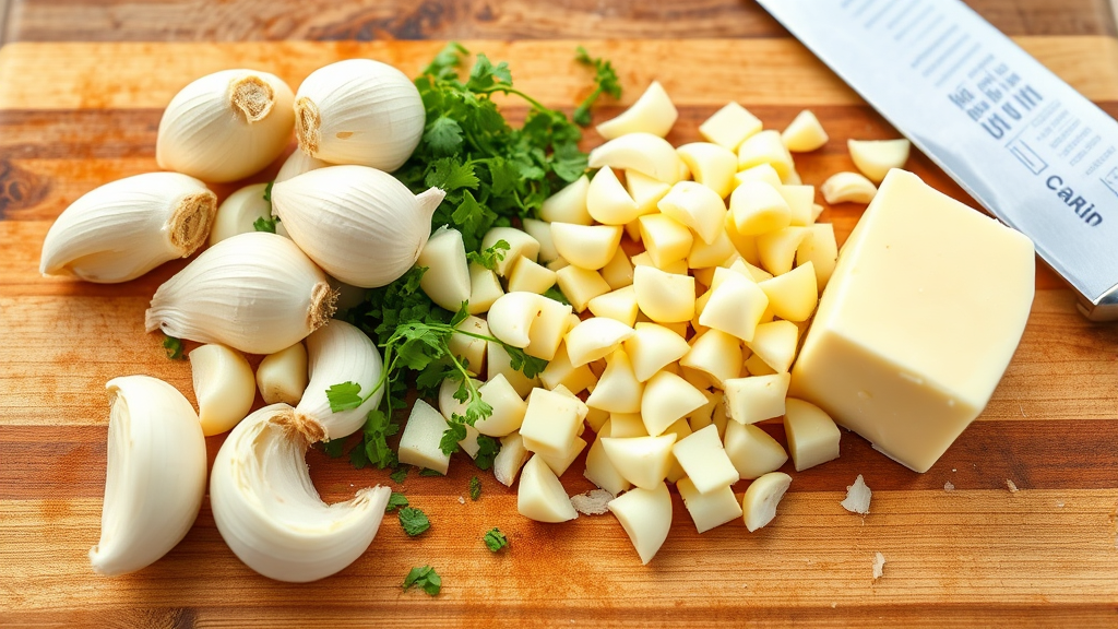 Fresh garlic cloves being minced next to softened butter and green herbs on wooden cutting board, no text no words no letters