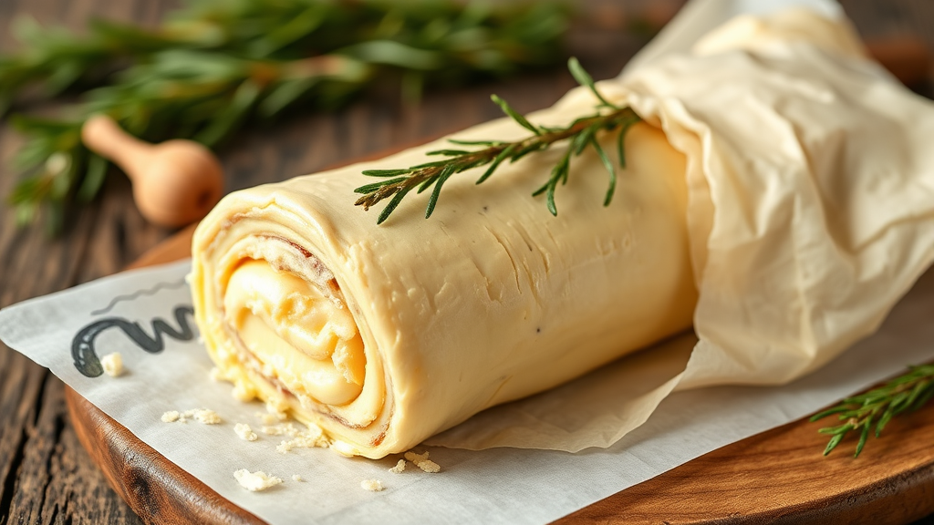 Compound garlic butter shaped into elegant log wrapped in parchment paper with herb garnish, no text no words no letters