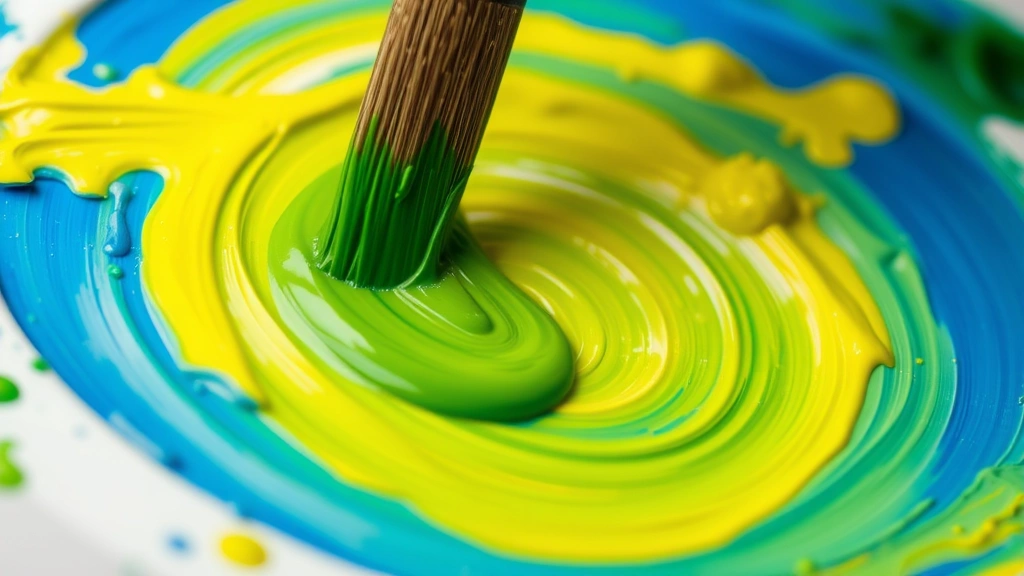 Close-up of a painter's palette with vibrant blue and yellow paint being mixed together with a brush, creating a fresh green color