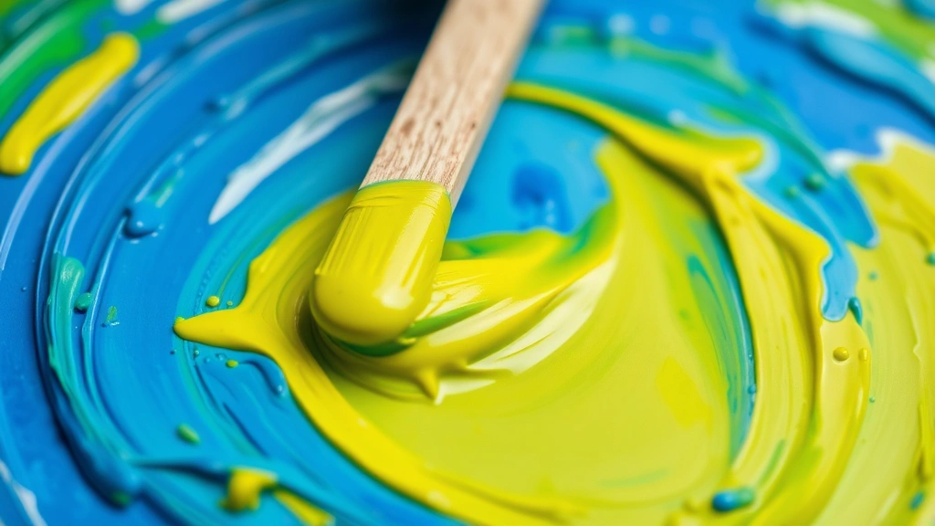 Close-up of an artist's palette with vibrant blue and yellow paint being mixed together with a wooden mixing stick, showing the transition to green