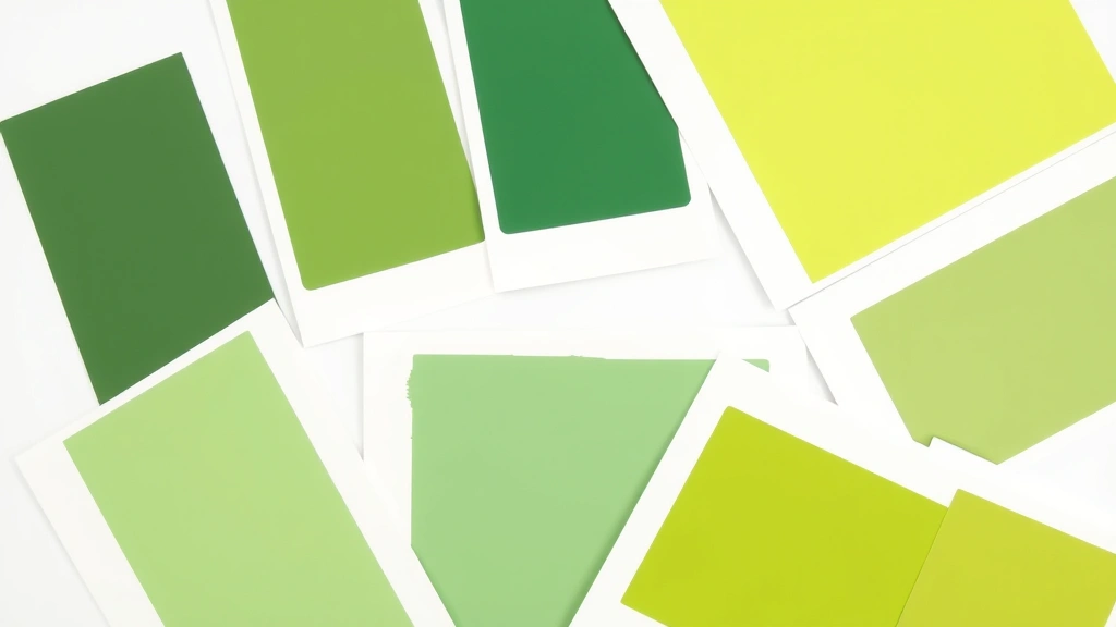 Flat lay arrangement of multiple green paint swatches and samples showing variations from sage to forest to lime green shades