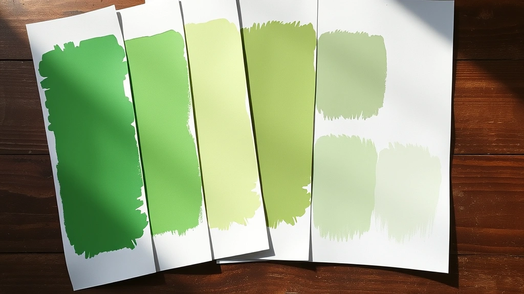 A collection of paint swatches displaying various shades of green from lime to forest to sage arranged on white paper in natural daylight
