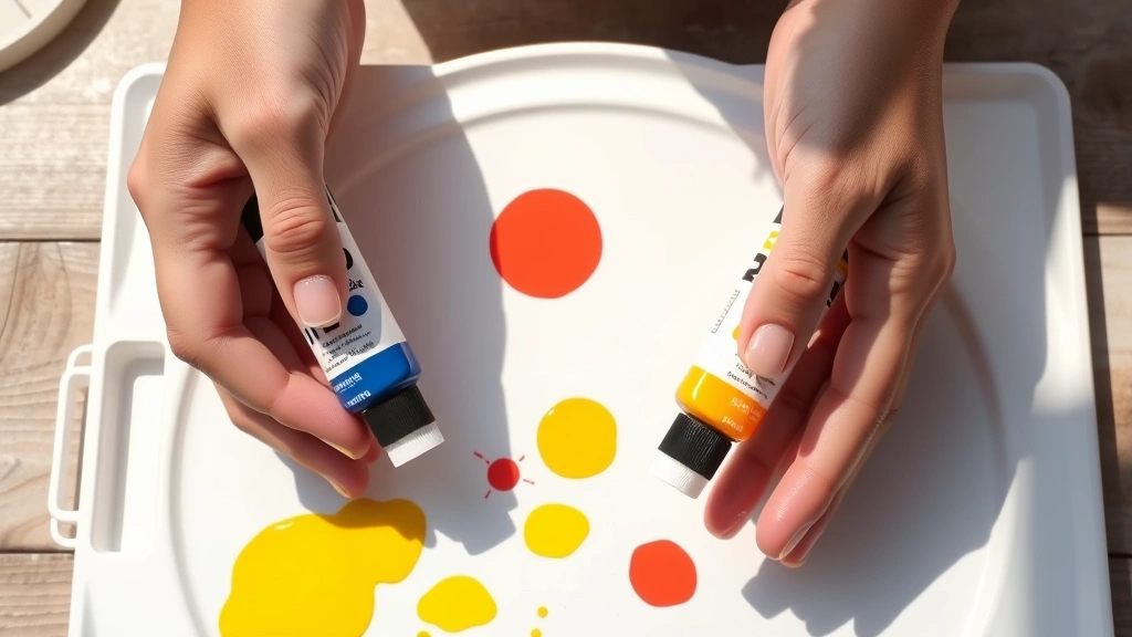 Hands holding paint tubes of primary colors—blue, yellow, and red—positioned above a white mixing palette in natural daylight