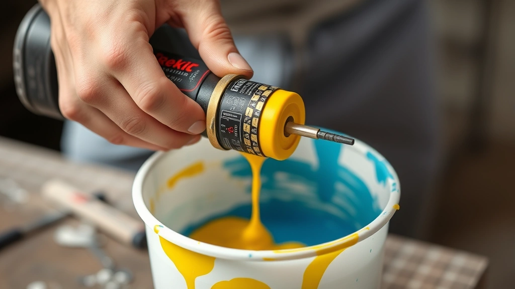 Hands using a paint stirrer attachment on a power drill to mix paint in a container, with drops of blue and yellow paint visible
