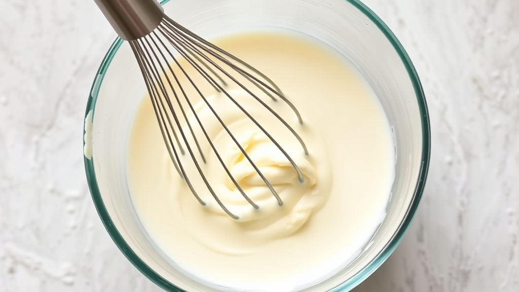 Kitchen whisk blending butter and milk together showing smooth creamy texture formation process, no text, no words, no letters
