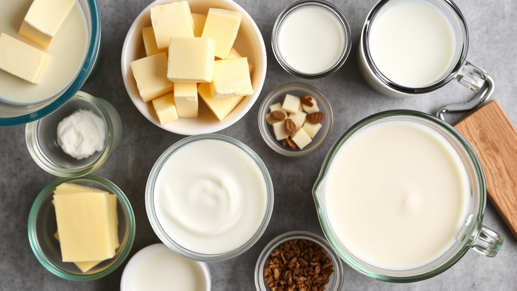 Various cooking ingredients including fresh butter, whole milk, and finished homemade cream in containers, no text, no words, no letters