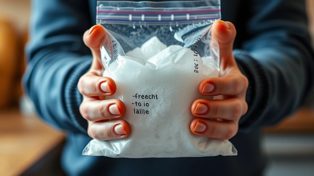 Close-up of hands holding a sealed ziplock bag with ice and salt mixture, frost forming on the outside, warm kitchen background blurred behind